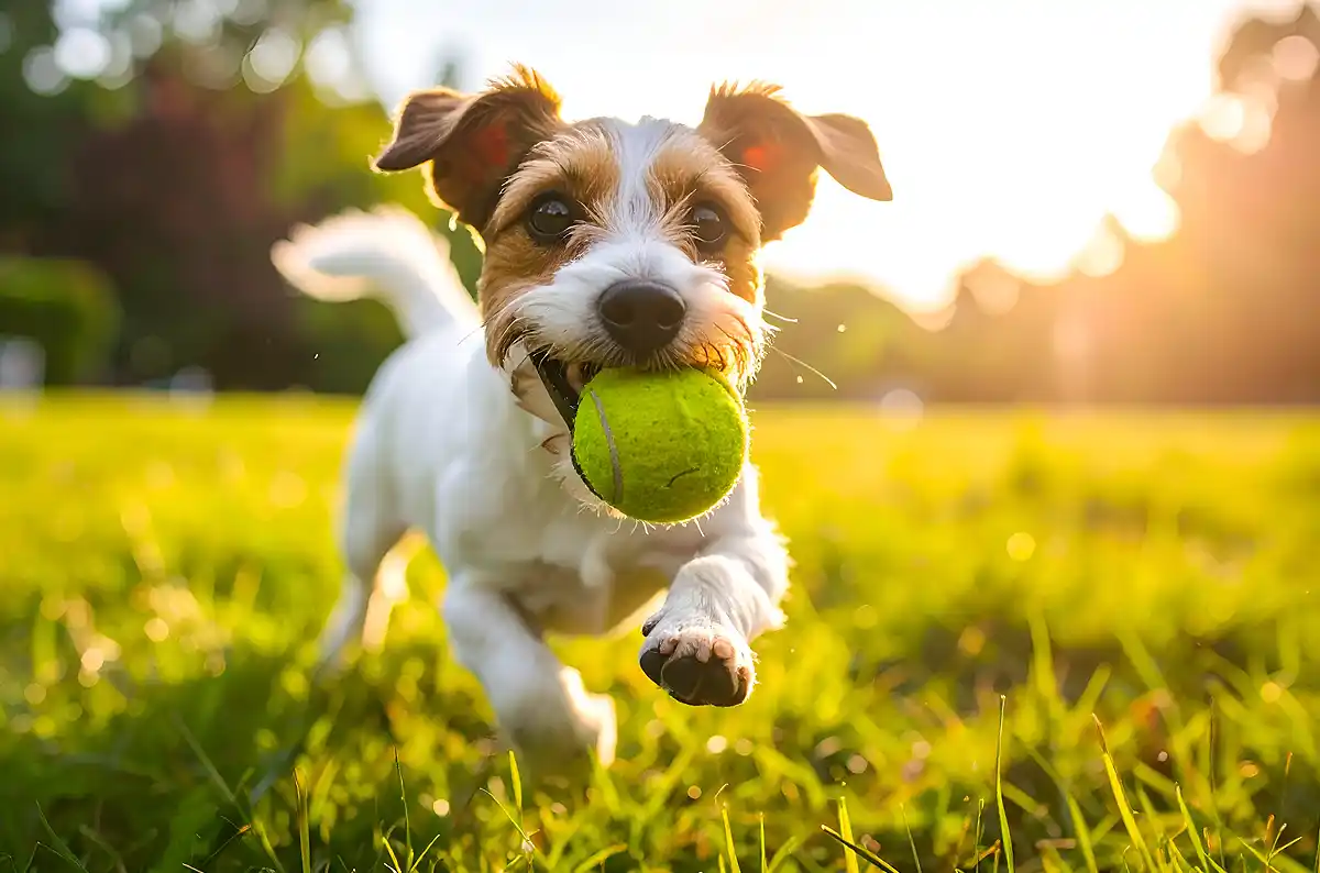 Cane con pallina da tennis in bocca