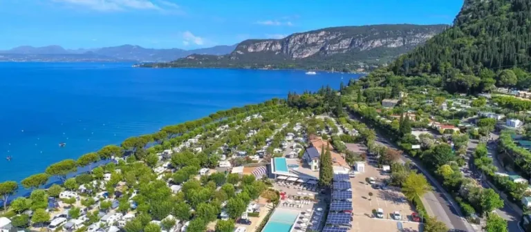 view from the dron the village and camping platz La Rocca in Bardolino, garda lake